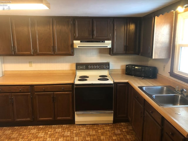 kitchen with electric range, sink, and dark brown cabinetry