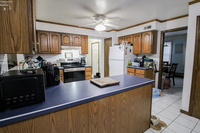 kitchen with ceiling fan, electric range, ornamental molding, light tile patterned floors, and white refrigerator