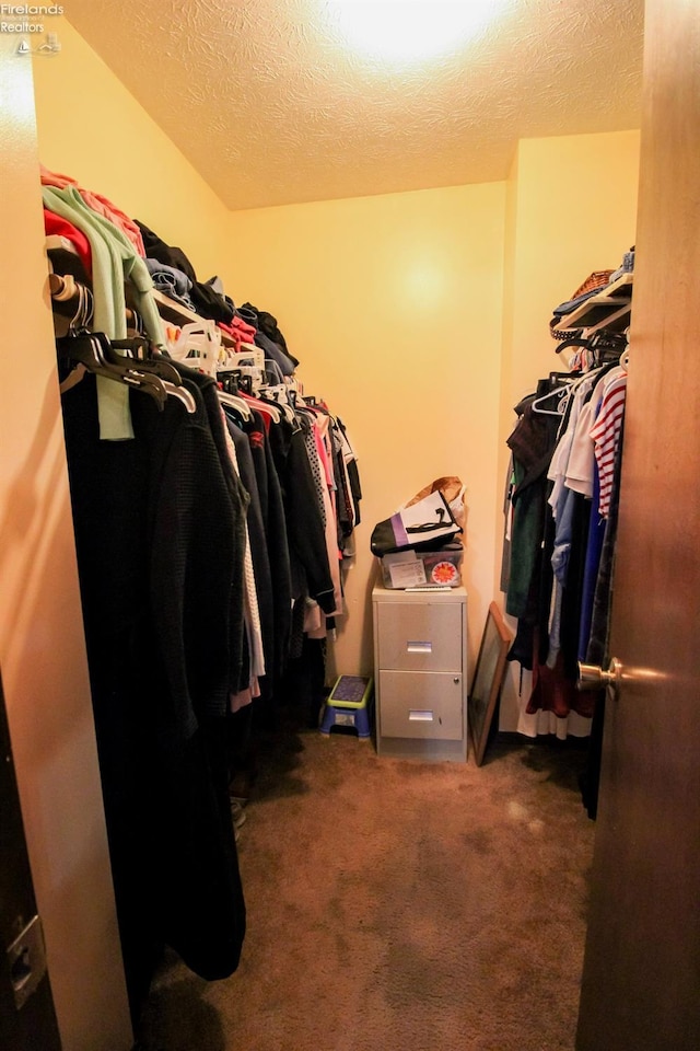 walk in closet with dark carpet