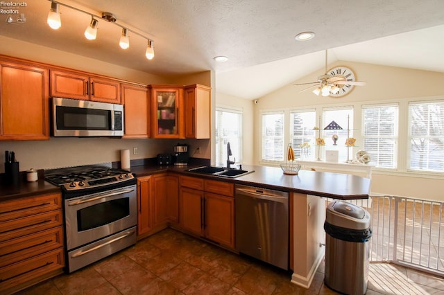 kitchen featuring appliances with stainless steel finishes, lofted ceiling, sink, kitchen peninsula, and ceiling fan