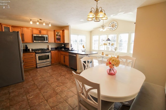 kitchen featuring lofted ceiling, decorative light fixtures, stainless steel appliances, sink, and kitchen peninsula