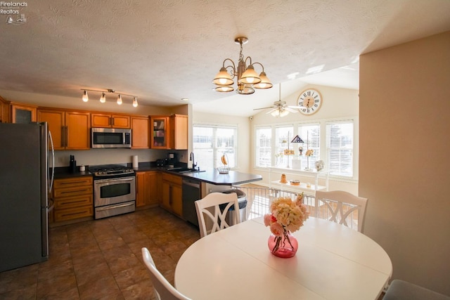 kitchen featuring kitchen peninsula, appliances with stainless steel finishes, sink, a textured ceiling, and lofted ceiling