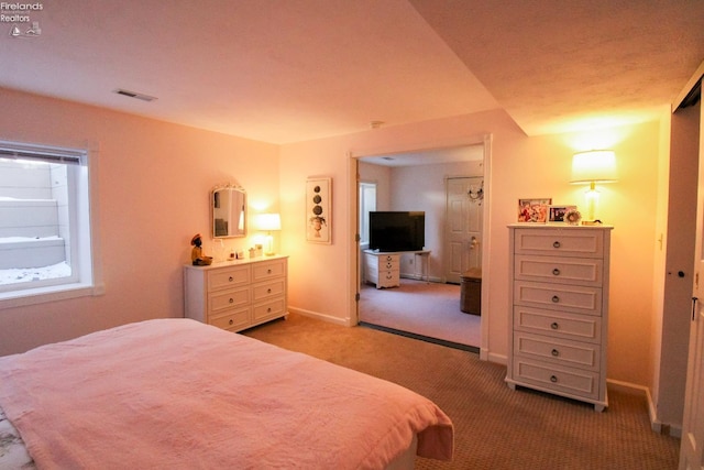 bedroom with light colored carpet and a closet