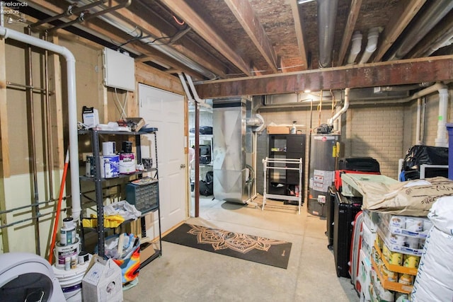 basement with brick wall and gas water heater