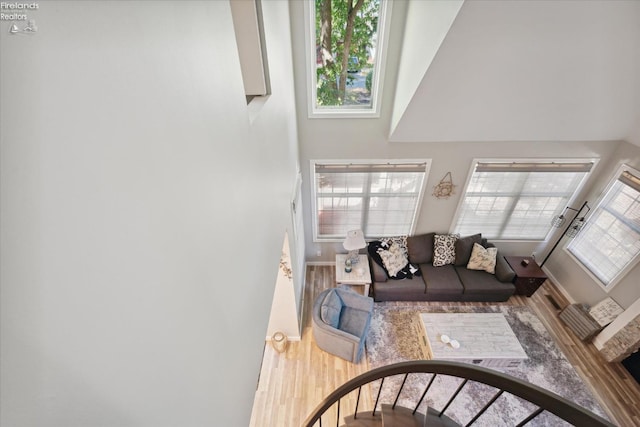 living room featuring a wealth of natural light and light wood-type flooring