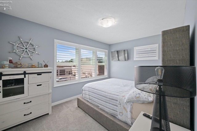 bedroom featuring light colored carpet