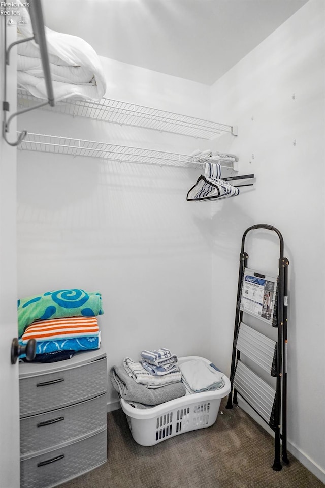 spacious closet with dark colored carpet