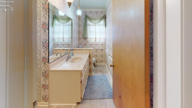 bathroom featuring vanity, wood-type flooring, ornamental molding, and toilet