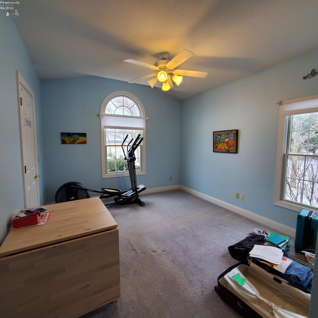 office space featuring carpet floors, ceiling fan, and vaulted ceiling