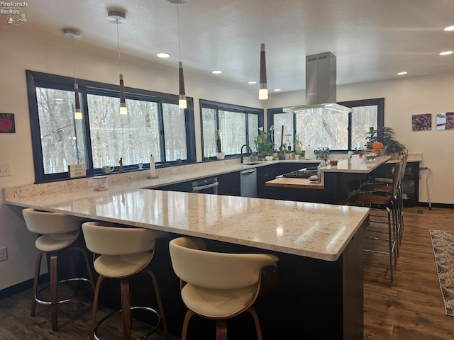 kitchen featuring dark hardwood / wood-style flooring, decorative light fixtures, a breakfast bar, and island exhaust hood