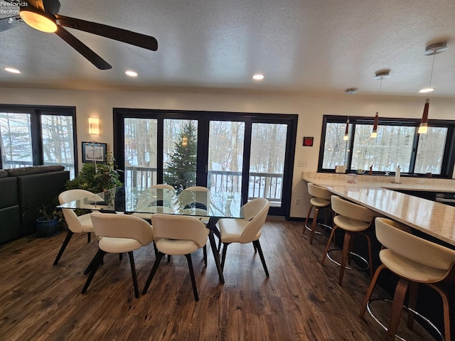 dining room with ceiling fan, dark hardwood / wood-style floors, and a textured ceiling