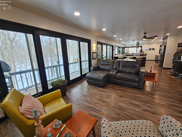 living room with ceiling fan and dark hardwood / wood-style floors