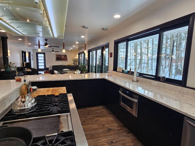 kitchen with light stone counters, appliances with stainless steel finishes, dark hardwood / wood-style flooring, and hanging light fixtures