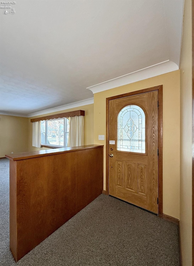 carpeted entrance foyer featuring ornamental molding