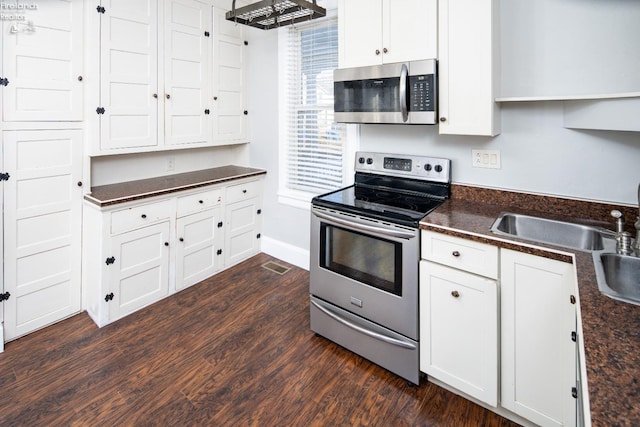 kitchen featuring stainless steel appliances, dark hardwood / wood-style floors, sink, and white cabinets