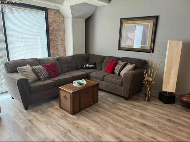 living room featuring vaulted ceiling and light hardwood / wood-style floors