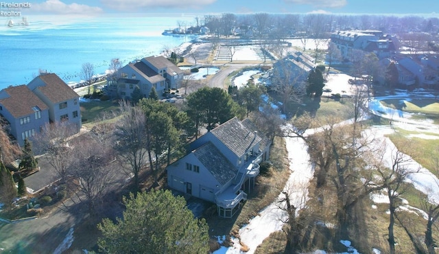 drone / aerial view featuring a water view