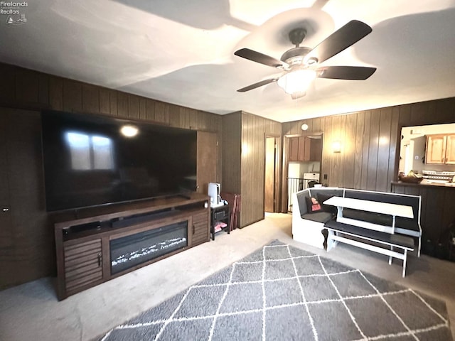 living room featuring wood walls