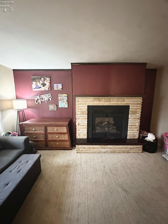 living room featuring a fireplace and light hardwood / wood-style floors