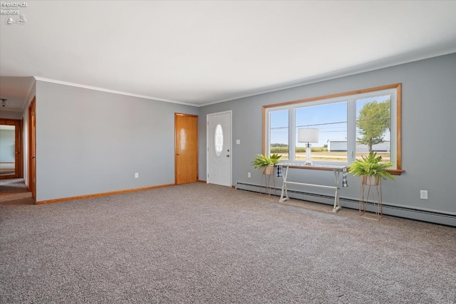 carpeted spare room with ornamental molding and baseboard heating