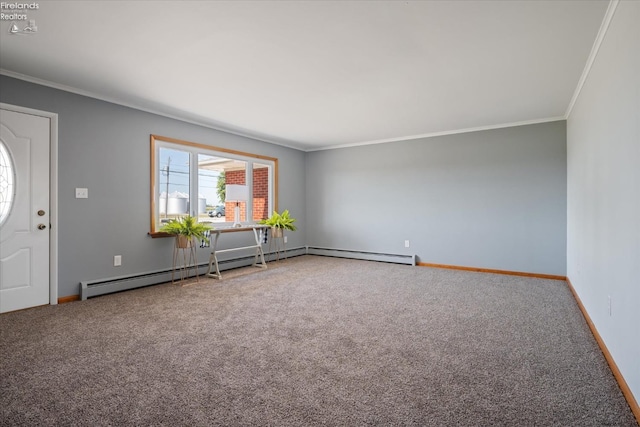 interior space featuring ornamental molding and baseboard heating