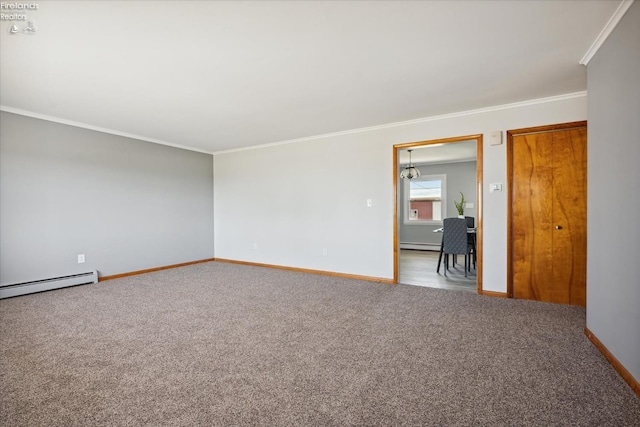 carpeted empty room featuring crown molding and a baseboard radiator