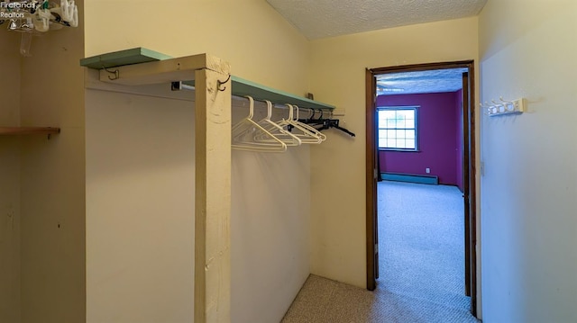 walk in closet featuring baseboard heating and carpet