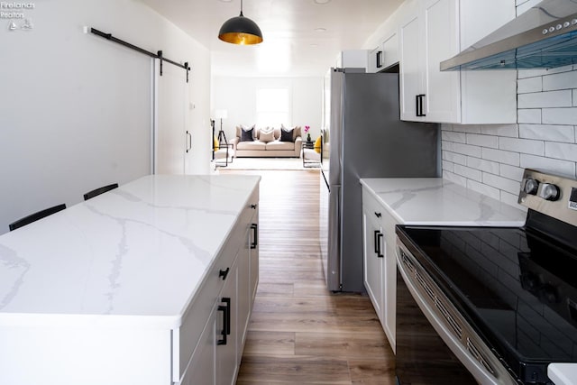 kitchen featuring white cabinetry, hanging light fixtures, light wood-type flooring, appliances with stainless steel finishes, and a barn door