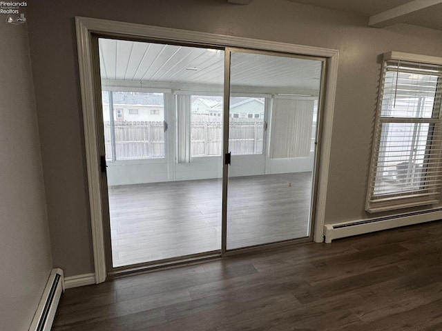 doorway to outside with baseboard heating and dark hardwood / wood-style floors