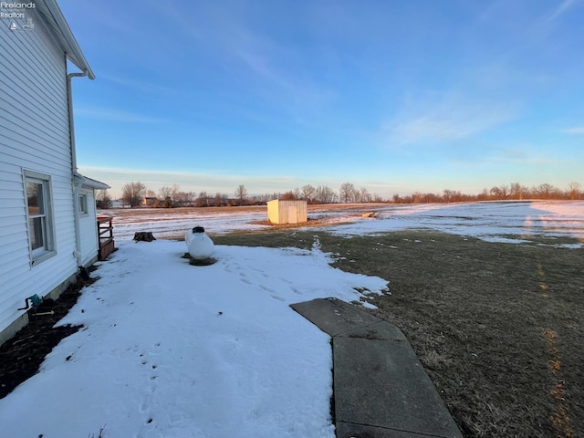 snowy yard with a storage unit