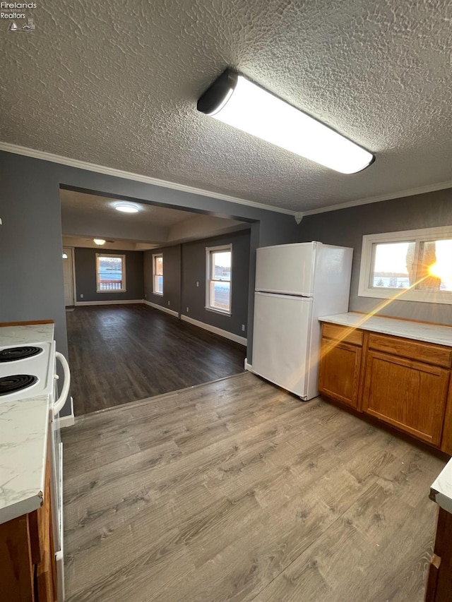 kitchen featuring white appliances, light hardwood / wood-style flooring, ornamental molding, and a textured ceiling