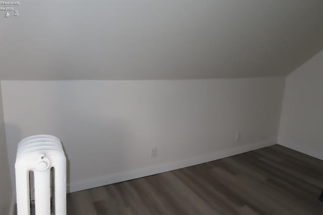 additional living space with vaulted ceiling, dark wood-type flooring, and radiator