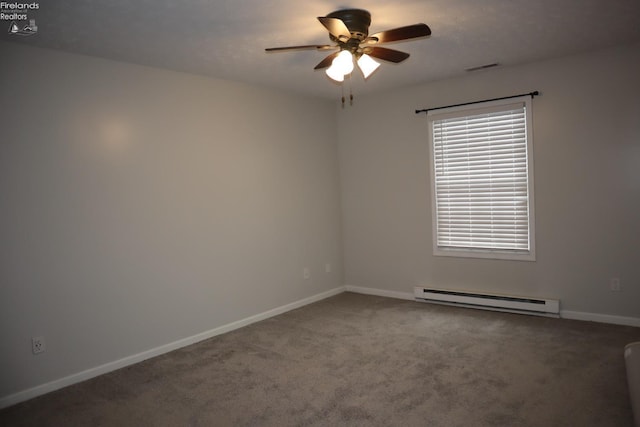 carpeted empty room featuring a baseboard radiator and ceiling fan