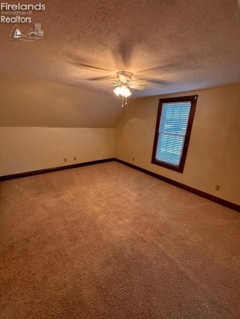 additional living space featuring ceiling fan, carpet flooring, vaulted ceiling, and a textured ceiling