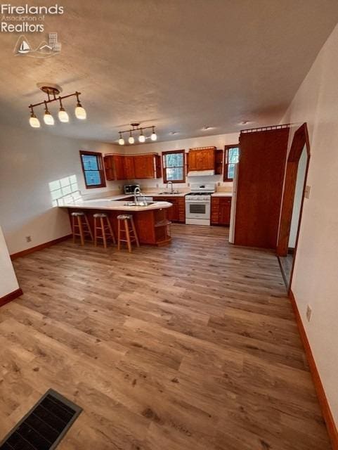 kitchen with hardwood / wood-style flooring, a healthy amount of sunlight, a breakfast bar, and gas range gas stove