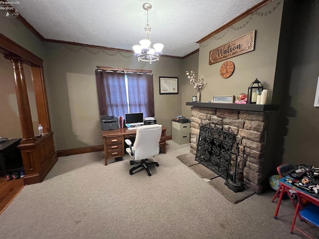 office area with a fireplace, lofted ceiling, ornamental molding, light colored carpet, and a textured ceiling