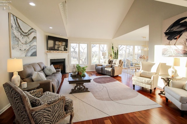 living room featuring hardwood / wood-style flooring and high vaulted ceiling