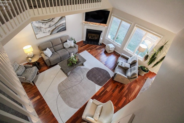 living room featuring dark hardwood / wood-style floors and a fireplace