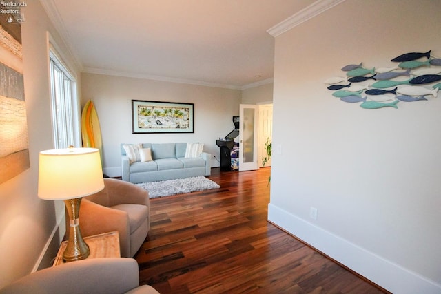 living room featuring ornamental molding and dark hardwood / wood-style floors