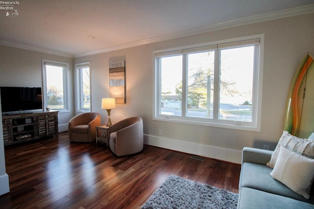 sitting room with crown molding and dark wood-type flooring