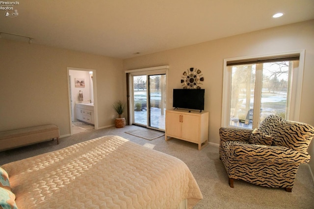 carpeted bedroom featuring multiple windows, access to exterior, and ensuite bathroom