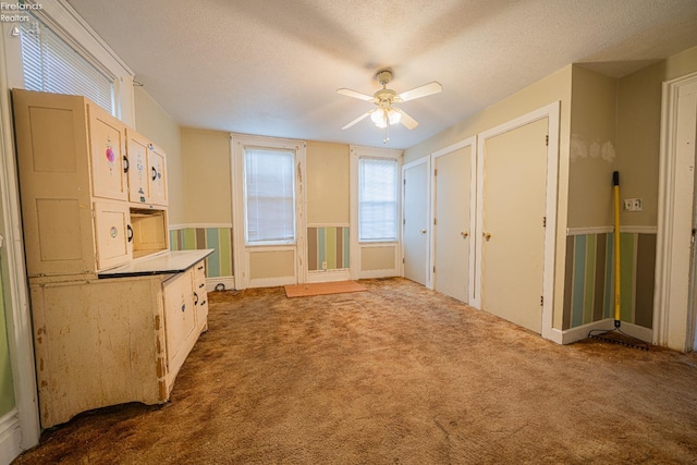 interior space featuring ceiling fan, carpet floors, and a textured ceiling