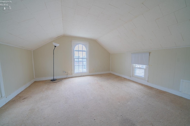 additional living space featuring vaulted ceiling and carpet flooring