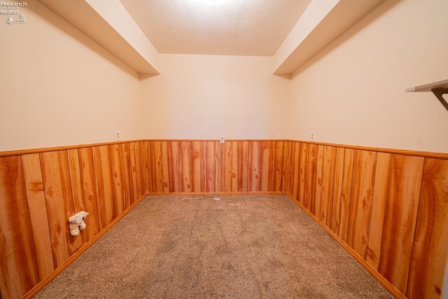 carpeted empty room with a textured ceiling and wood walls