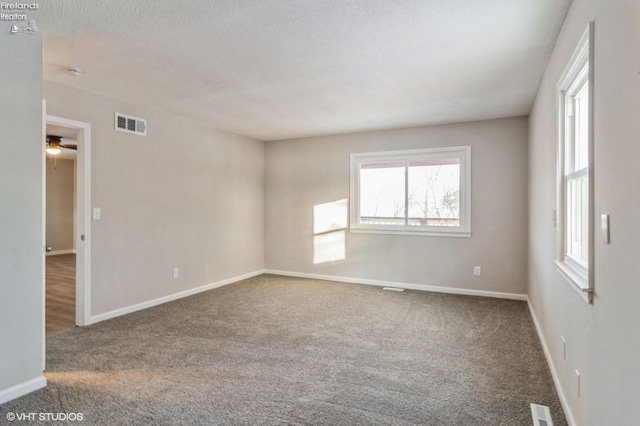 spare room featuring carpet floors and a textured ceiling