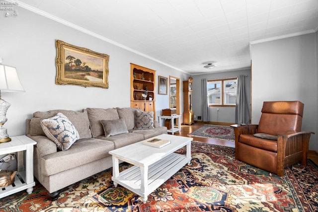 living room featuring ornamental molding and hardwood / wood-style floors