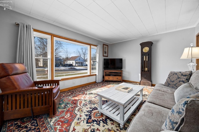 living room with crown molding