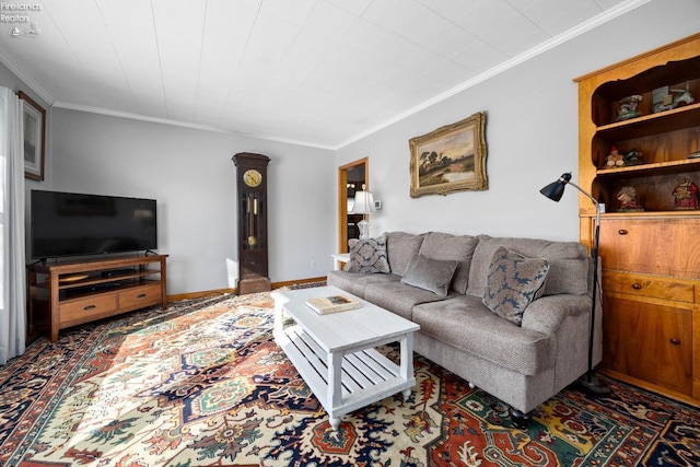 living room featuring crown molding