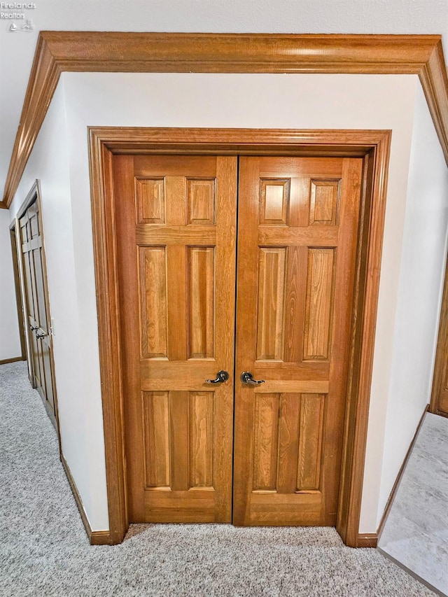 interior details featuring carpet floors and ornamental molding