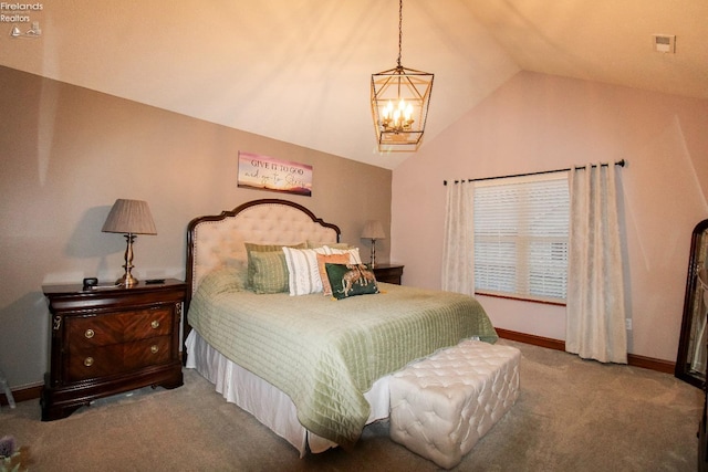 carpeted bedroom featuring an inviting chandelier and lofted ceiling